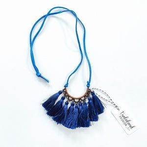 > NEW < Boutique Dark Blue Multi-Tassel Vegan Leather Strap Pendant Necklace